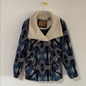 Women's Blue Patterned Pea Coat with Cream Collar by Powder River Outfitters